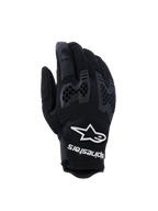Alpinestars Manti Air Gloves, Motorcycle Riding Gloves, Black, featuring breathable mesh and textured honeycomb knuckle protection, white Alpinestars logo and text on the wrist, lightweight design for summer adventure riding
