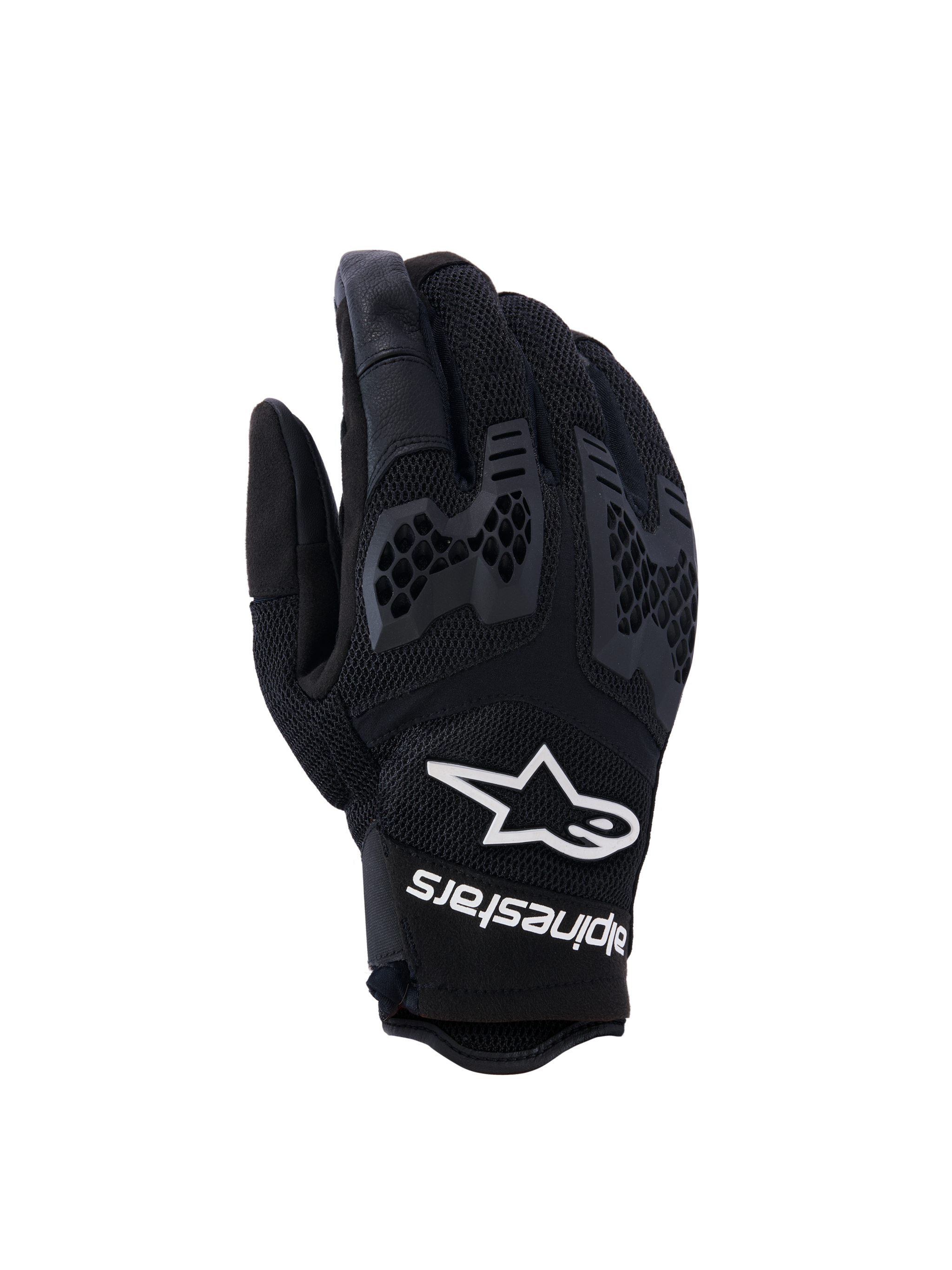Alpinestars Manti Air Gloves, luvas de moto pretas com proteção nas articulações, padrão de ventilação em favo de mel, logótipo branco com estrela, fecho ajustável no pulso, design ergonómico para proteção e aderência