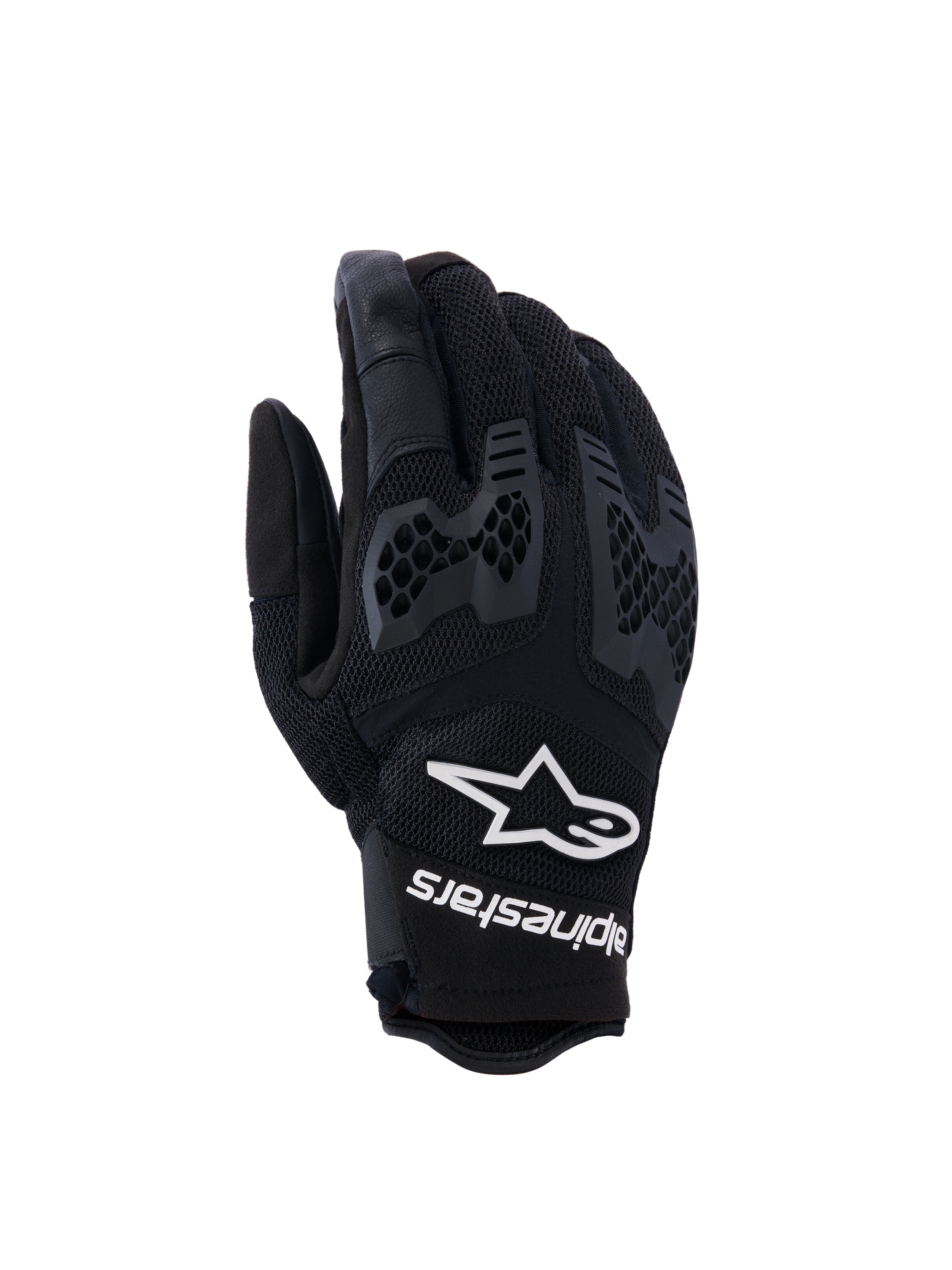 Alpinestars Manti Air Gloves, luvas de motociclismo, pretas, com malha respirável e proteção de articulações em favo de mel, logótipo e texto Alpinestars brancos no pulso, design leve para condução de aventura no verão