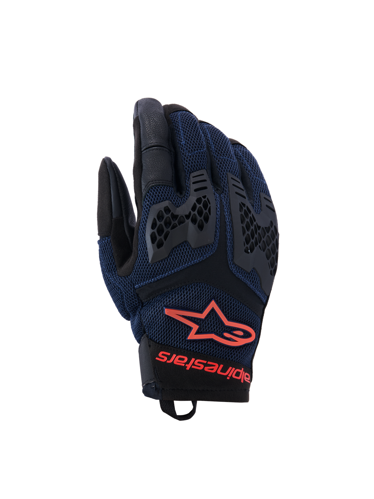 Luvas Alpinestars Manti Air, luvas de motociclismo, azul escuro e preto com pormenores em vermelho fluo, com construção em malha respirável e proteção TPU em favo de mel nos nós dos dedos, logótipo de estrela e marca Alpinestars no pulso, concebidas para condução de aventura no verão