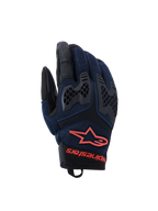 Alpinestars Manti Air Gloves, Motorcycle Riding Gloves, Deep Blue and Black with Red Fluo accents, featuring breathable mesh construction and honeycomb TPU knuckle protection, Alpinestars star logo and branding on the wrist, designed for summer adventure riding