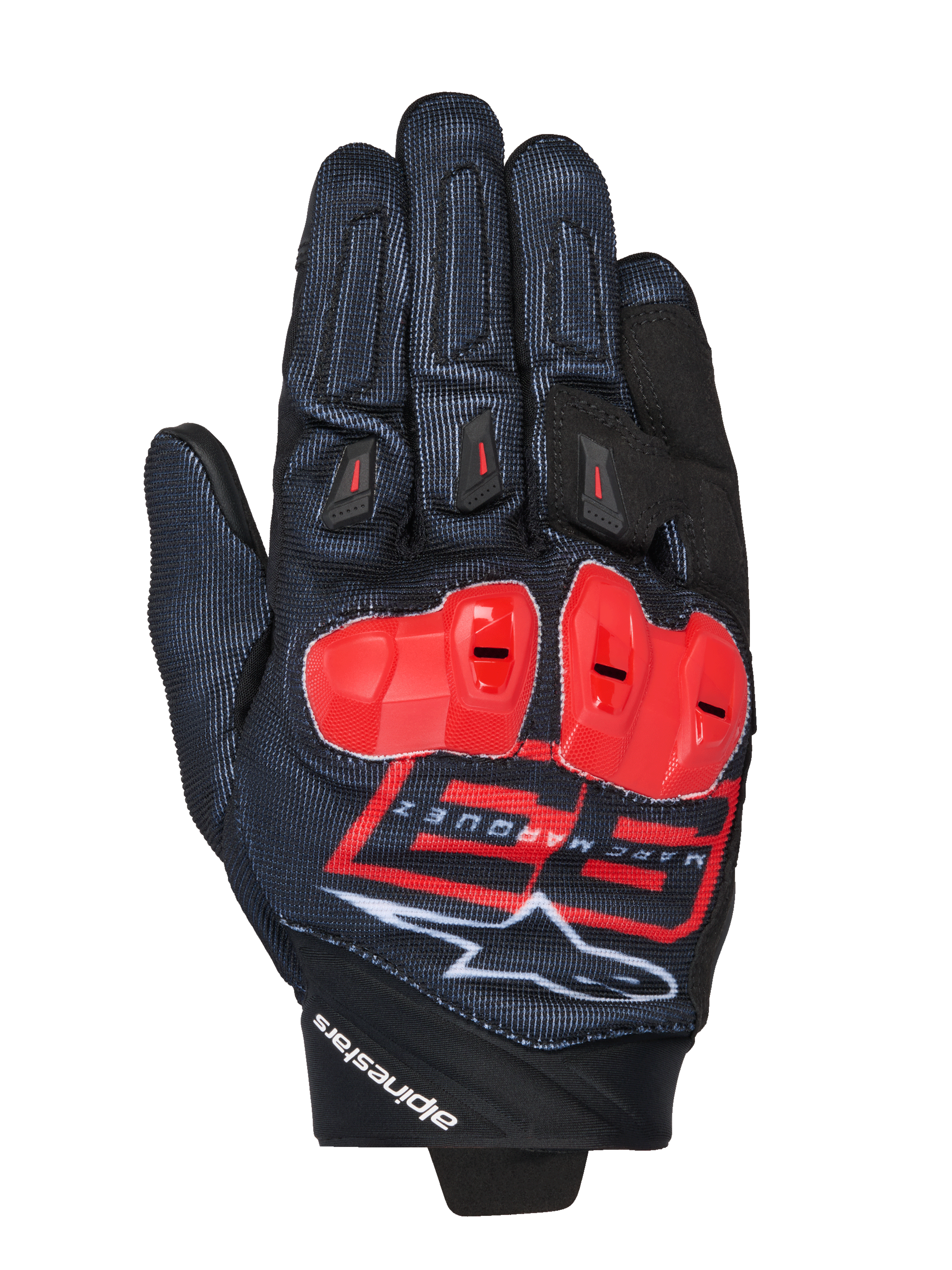 Luvas MM93 Spx 1, luvas de motociclismo de corrida, pretas com detalhes em vermelho vivo e branco, proteções de nós dos dedos vermelhas, com o logótipo Marc Marquez 93 e a marca Alpinestars, tecido texturizado com design desportivo de performance