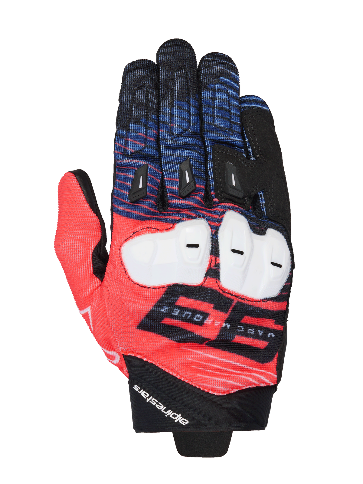 Alpinestars MM93 Spx 1 Gloves, luvas de motociclismo para corrida, vermelho, azul e preto, com proteção branca nos nós dos dedos, gráfico proeminente 93 Marc Márquez, tecido texturizado com sliders de dedos pretos, design desportivo de corrida com o logótipo Alpinestars no pulso