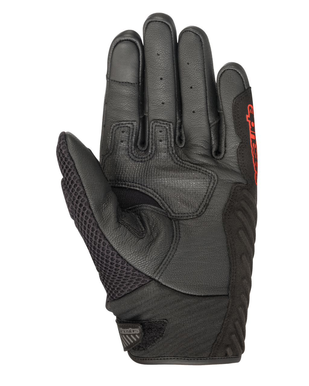 Luvas Alpinestars SMX-1 Air V2, pretas e vermelho fluo, vista da palma com pele perfurada, painel do polegar em malha, zonas de aderência reforçadas e logótipo vermelho, concebidas para condução de motociclismo de estrada no verão