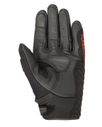 Luvas Alpinestars SMX-1 Air V2, pretas e vermelho fluo, vista da palma com pele perfurada, painel do polegar em malha, zonas de aderência reforçadas e logótipo vermelho, concebidas para condução de motociclismo de estrada no verão
