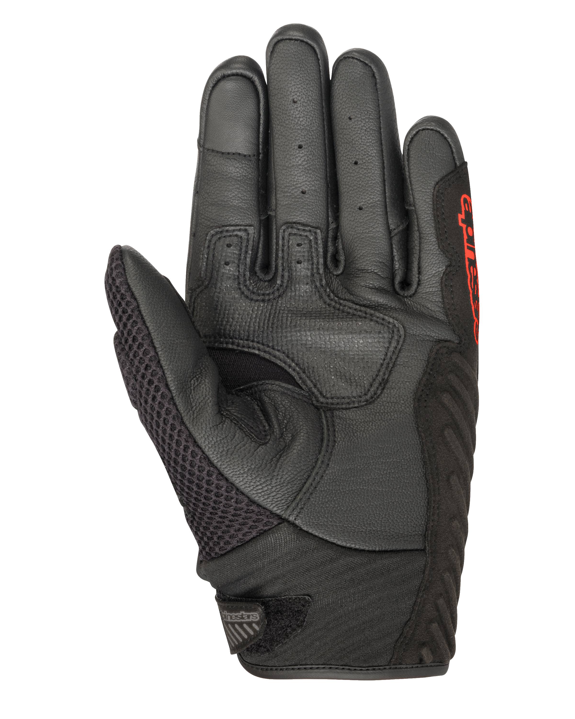 Luvas Alpinestars SMX-1 Air V2, pretas e vermelho fluo, vista da palma com pele perfurada, painel do polegar em malha, zonas de aderência reforçadas e logótipo vermelho, concebidas para condução de motociclismo de estrada no verão