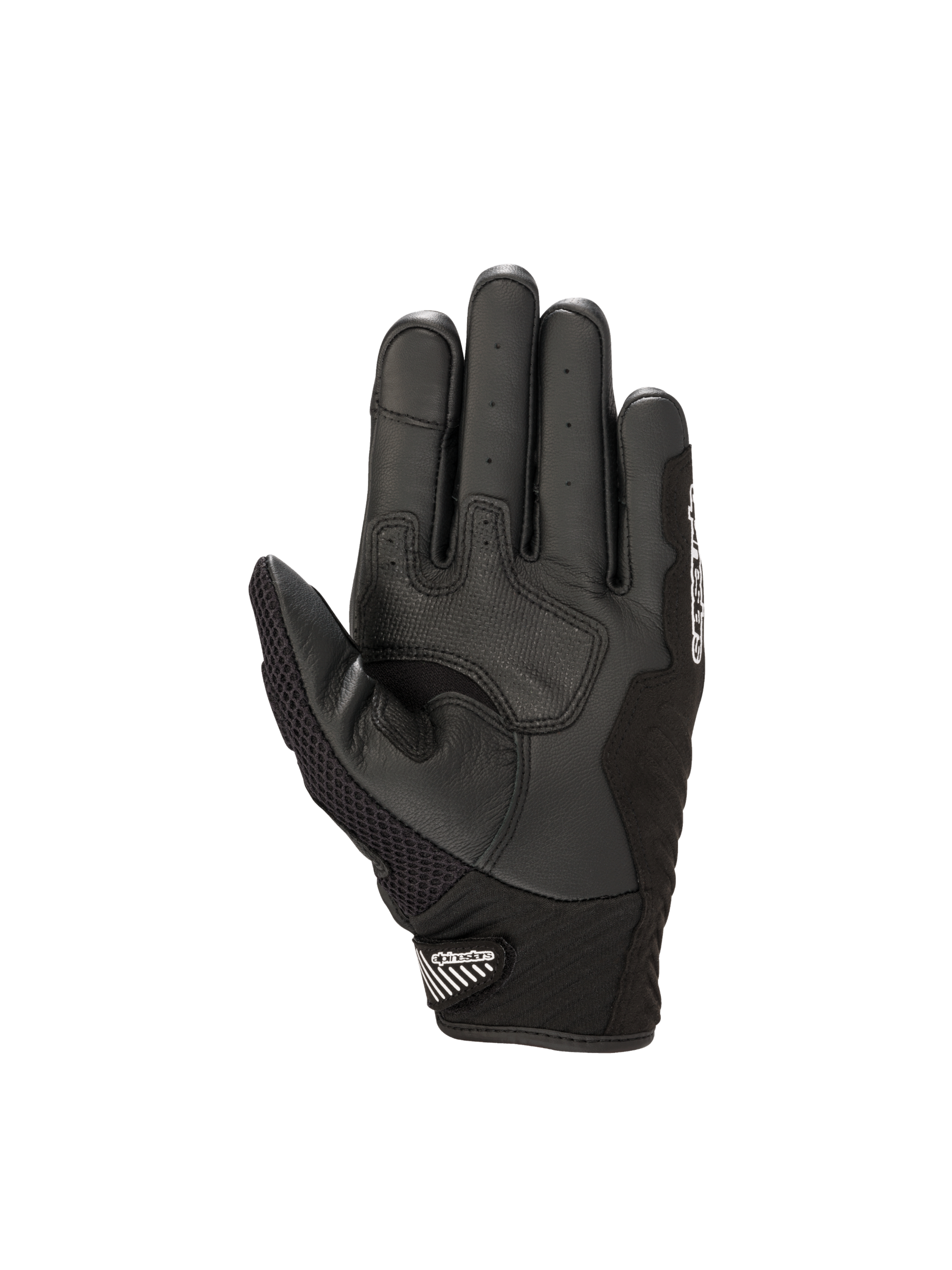 Luvas Alpinestars SMX-1 Air V2, pretas e brancas, vista da palma em couro com polegar em malha para condução urbana.