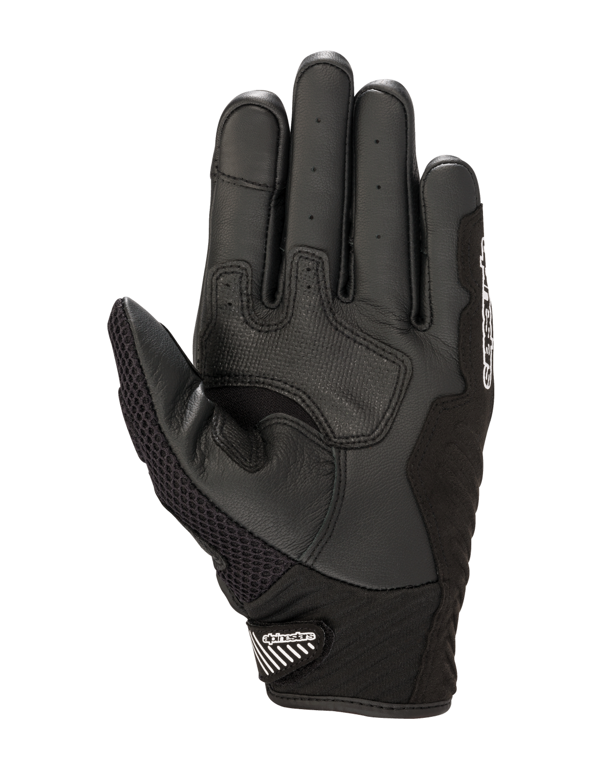 Luvas Alpinestars SMX-1 Air V2, vista da palma, pretas e brancas, com zonas de aderência em couro reforçado, palma perfurada para ventilação e punho curto com fecho de velcro