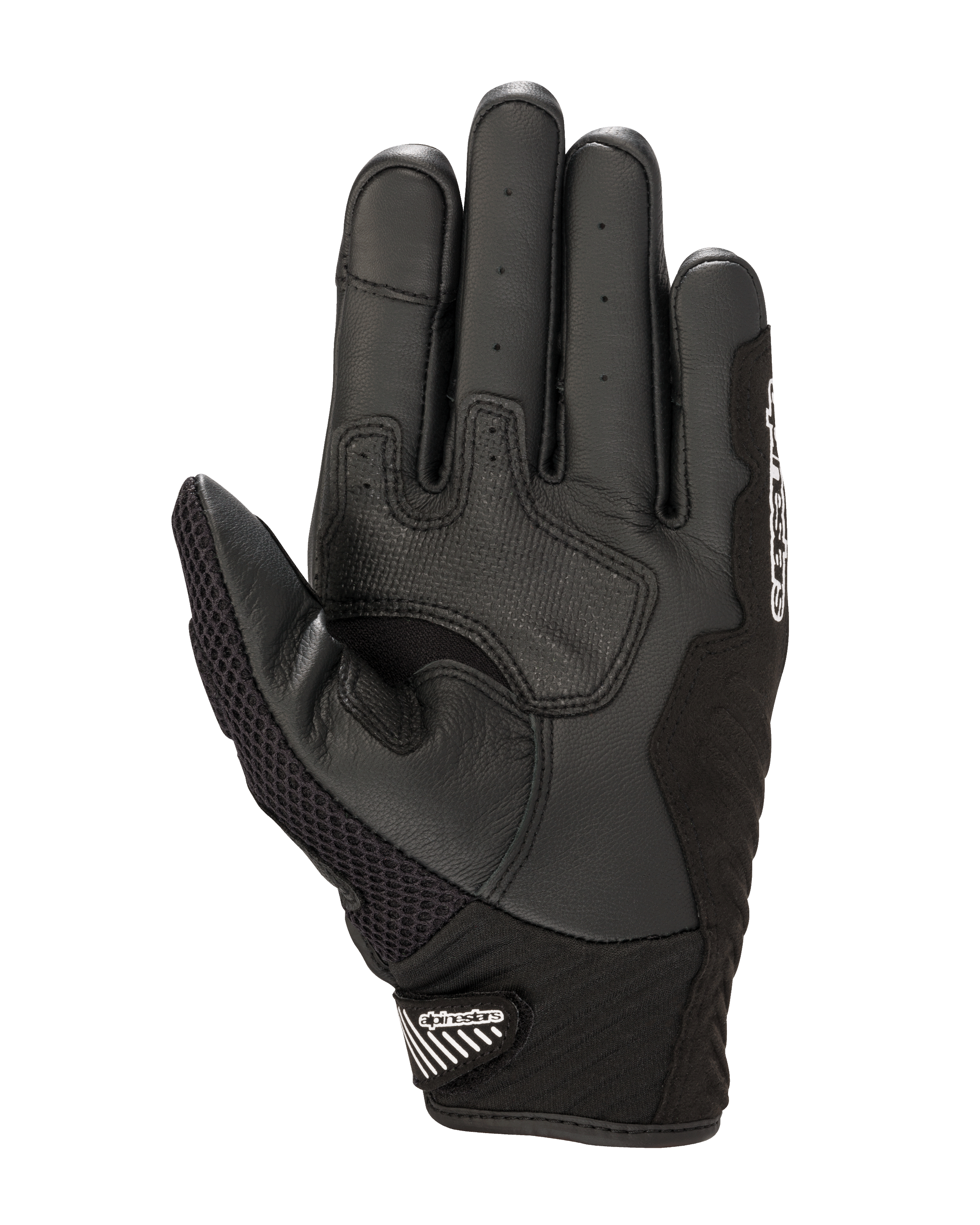 Luvas Alpinestars SMX-1 Air V2, vista da palma, pretas e brancas, com zonas de aderência em couro reforçado, palma perfurada para ventilação e punho curto com fecho de velcro