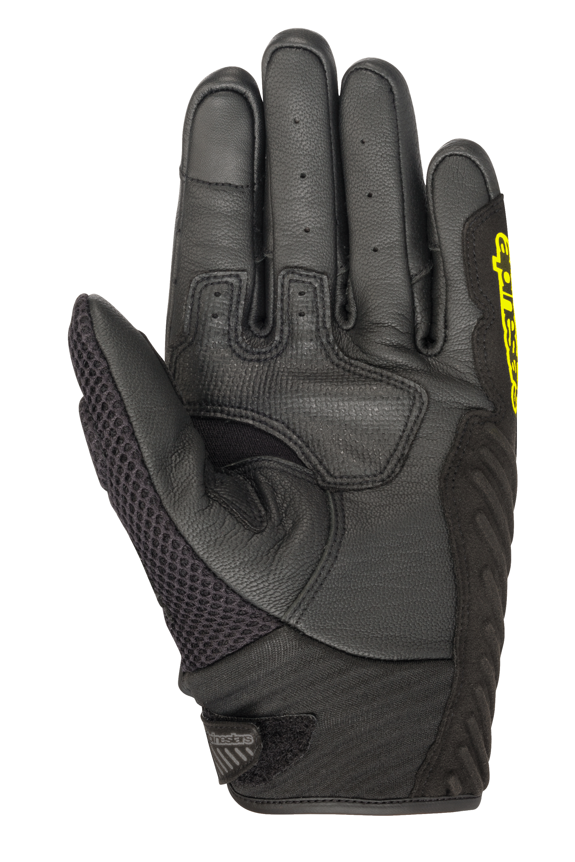 Alpinestars SMX-1 Air V2 Gloves, Short-Cuff Motorcycle Gloves, Black and Yellow Fluo, palm view featuring perforated leather fingers, mesh thumb panel, and reinforced grip zone, designed for summer road riding