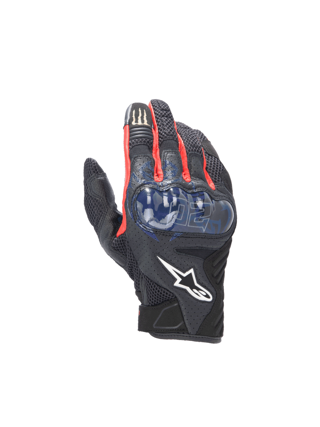 Alpinestars luvas FQ20 SMX-1 Air V2 Monster, luvas de moto pretas e azuis com malha e proteção rígida nos nós dos dedos.