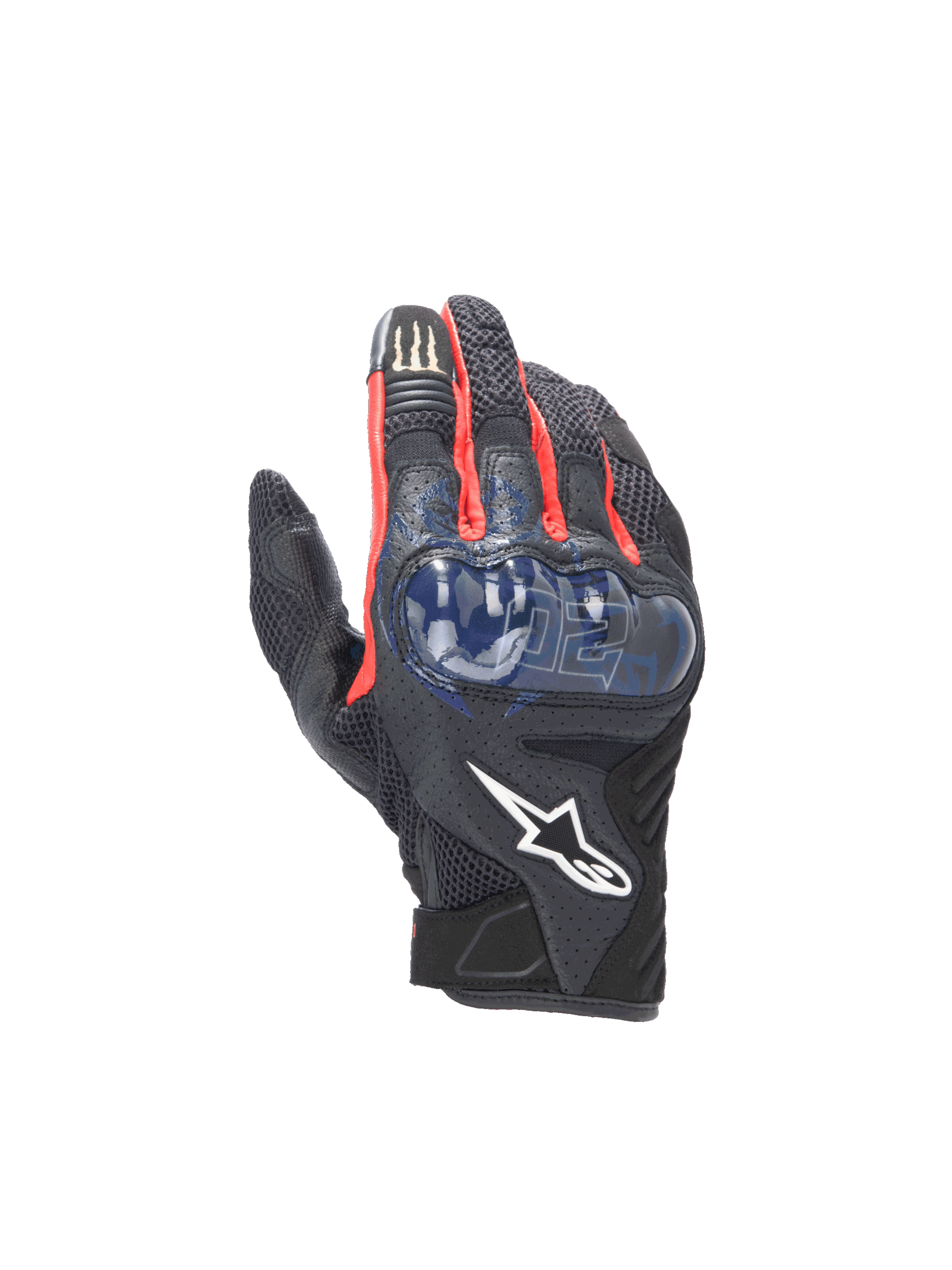 Alpinestars luvas FQ20 SMX-1 Air V2 Monster, luvas de moto pretas e azuis com malha e proteção rígida nos nós dos dedos.