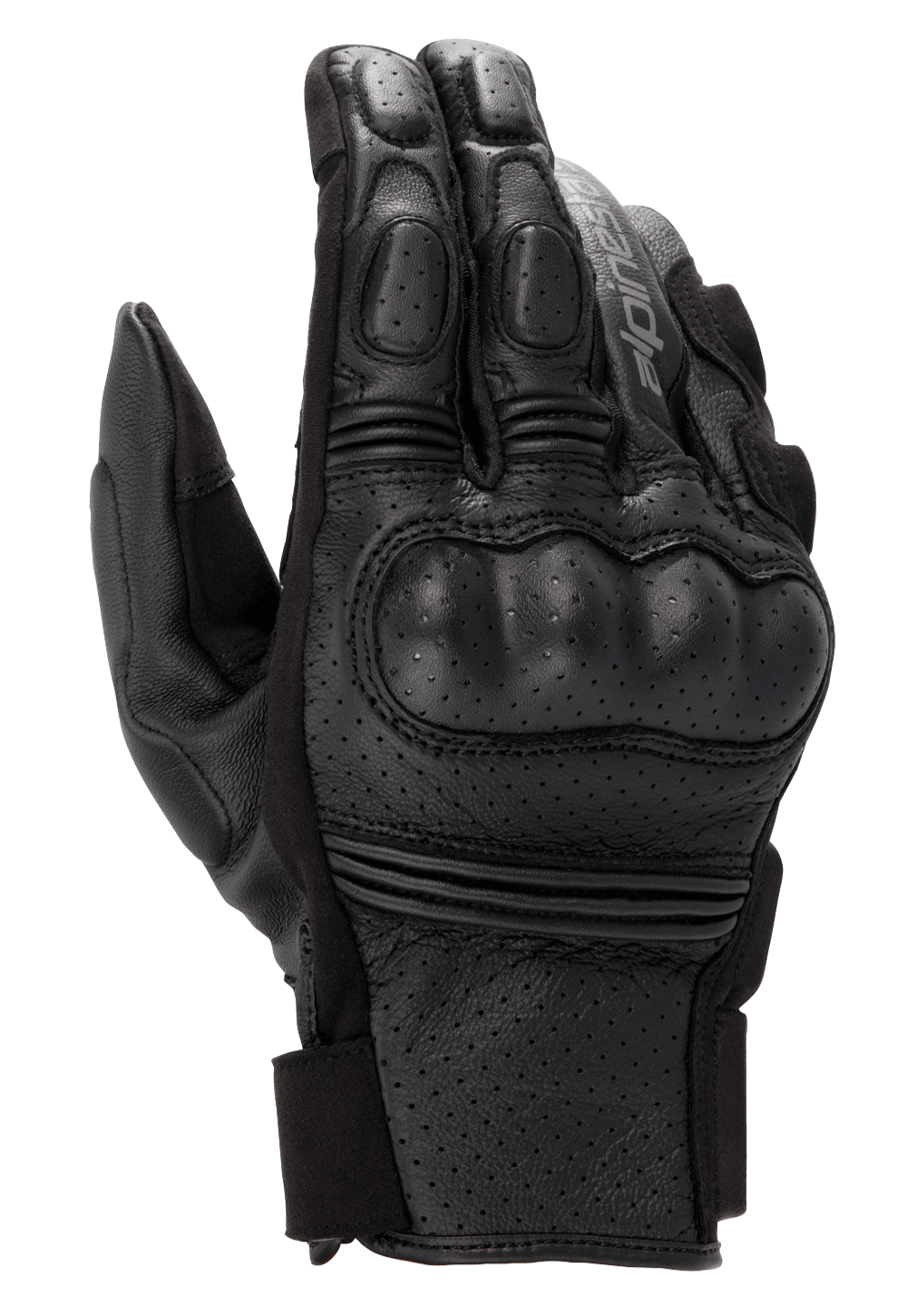 Alpinestars Phenom Leather Air Gloves, Black motorcycle gloves, perforated goat leather construction, integrated hard knuckle protection, accordion stretch inserts on fingers, and short cuff closure