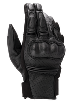 Alpinestars Phenom Leather Air Gloves, Black motorcycle gloves, perforated goat leather construction, integrated hard knuckle protection, accordion stretch inserts on fingers, and short cuff closure