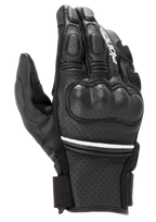 Alpinestars Phenom Leather Air Gloves, luvas de moto de cano curto, pretas com uma fina risca branca, construção em pele de cabra perfurada, proteção rígida nos nós dos dedos e dedos acolchoados