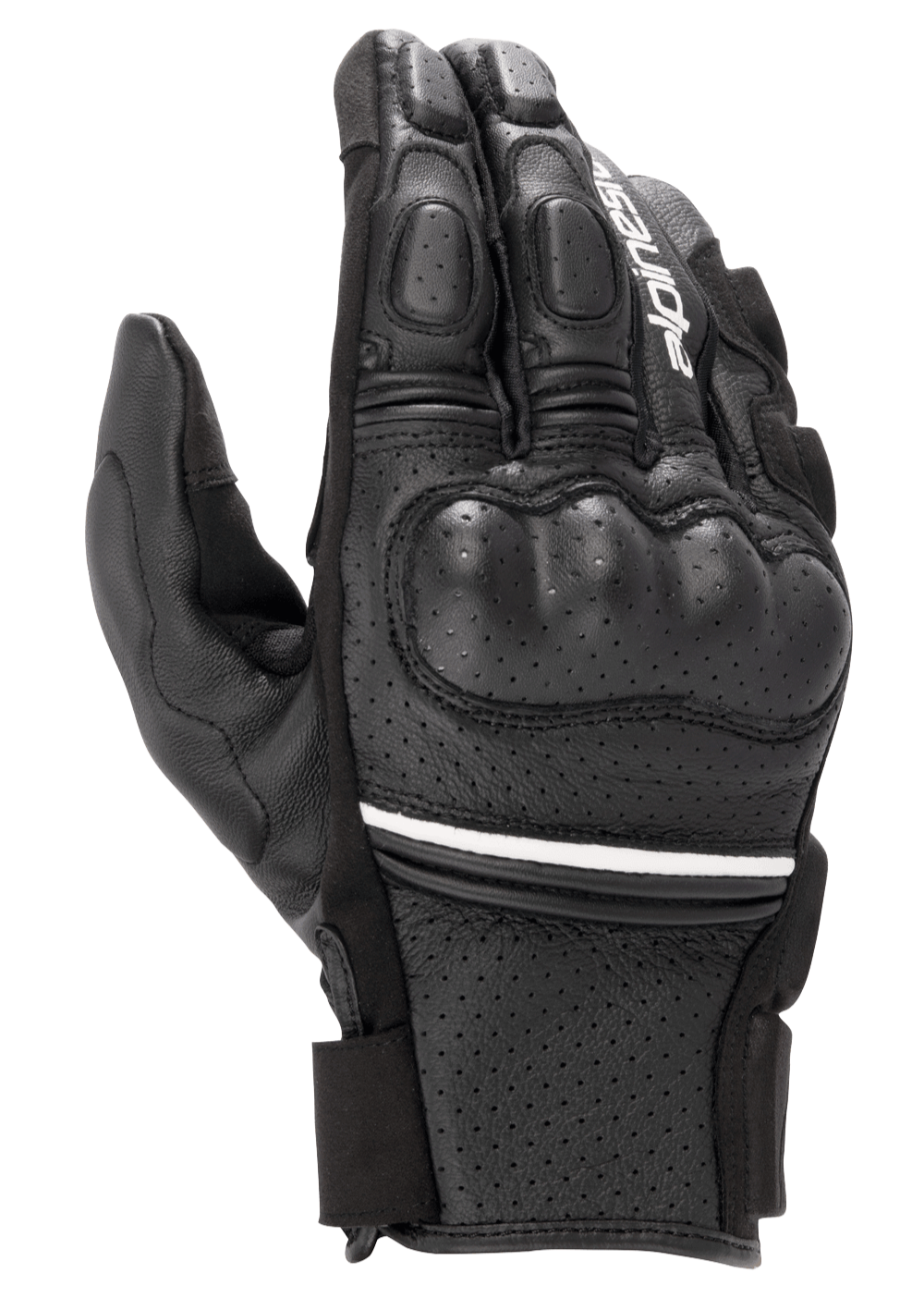 Alpinestars Phenom Leather Air Gloves, luvas de moto de cano curto, pretas com uma fina risca branca, construção em pele de cabra perfurada, proteção rígida nos nós dos dedos e dedos acolchoados