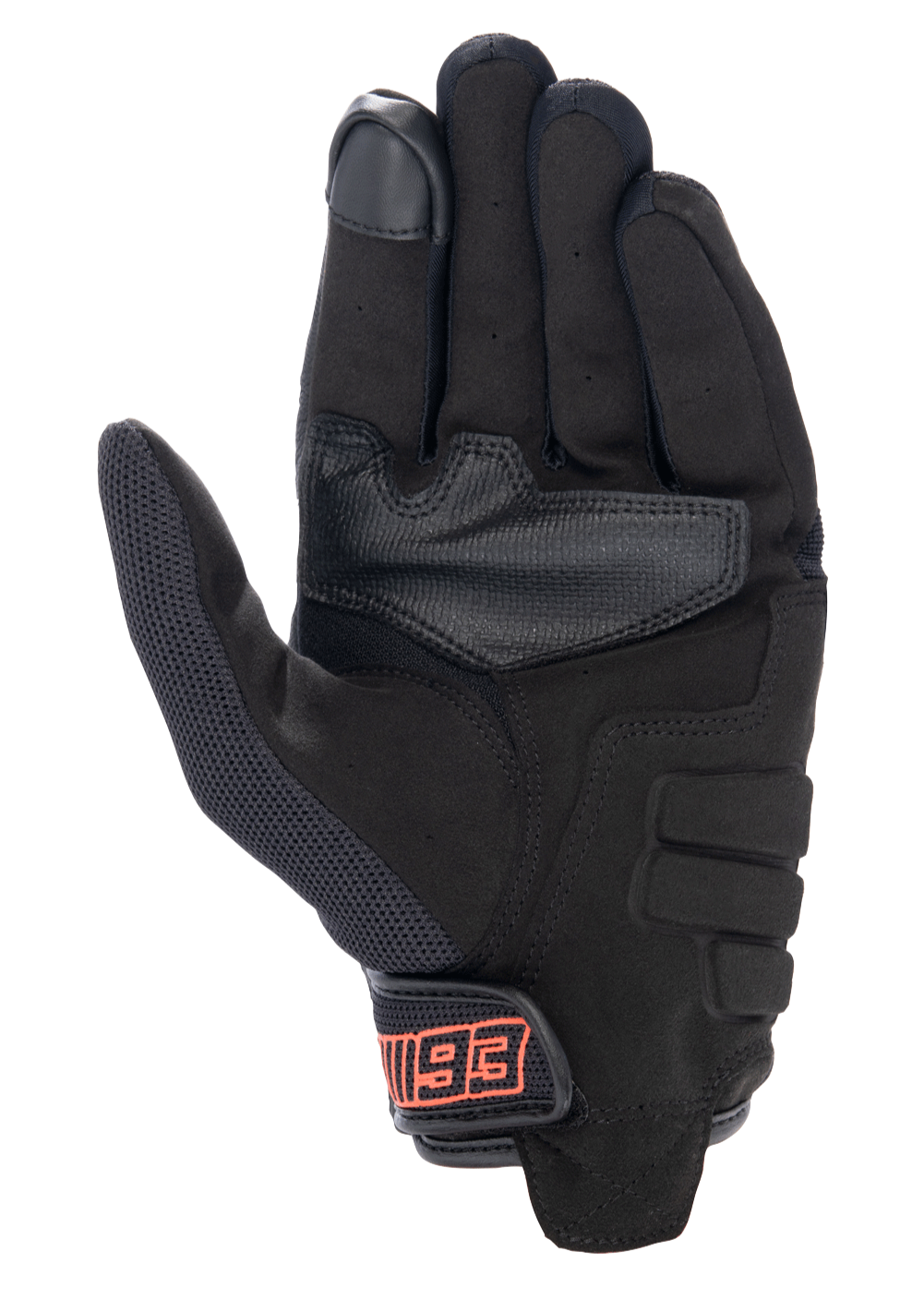 Alpinestars MM93 Losail V2 Gloves, Urban Motorcycle Gloves, Black, palm view featuring synthetic suede construction, touchscreen-compatible fingertip, and hook-and-loop closure with red MM93 branding.