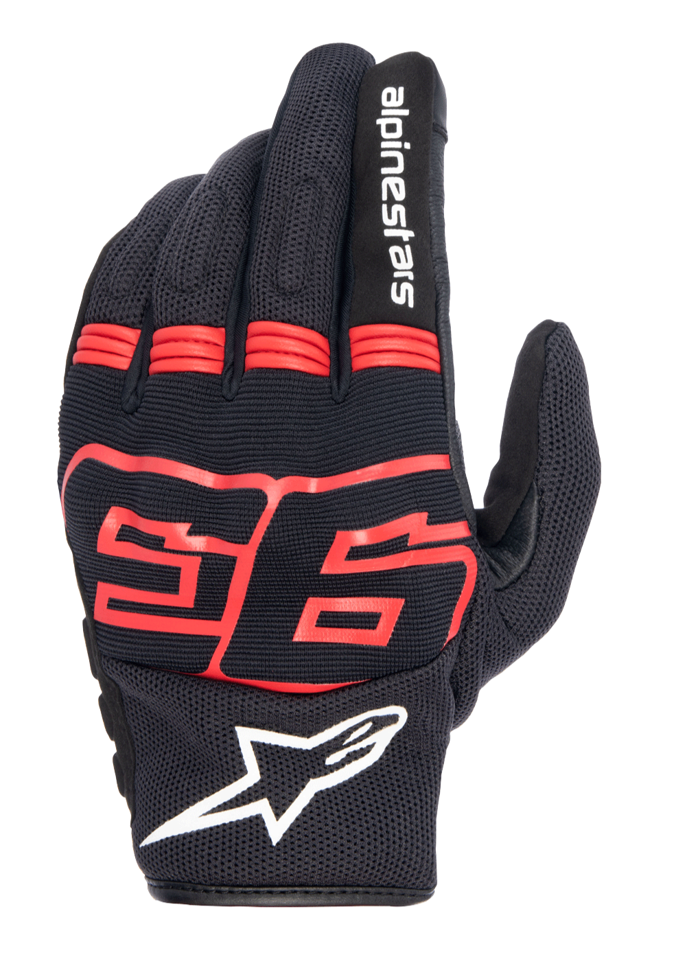 Alpinestars MM93 Losail V2 Gloves, Black with Red Fluo, featuring Marc Marquez 93 graphic, white Alpinestars logo, breathable mesh backhand, accordion finger panels for flexibility, urban motorcycle racing style