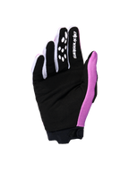 Alpinestars 2026 Woman Stella Full Bore V2 Gloves, palm view showing the Violet White and Black colorway, featuring a reinforced black synthetic suede palm, white Alpinestars logo on the index finger, and silicone grip patterns, designed for motocross performance.