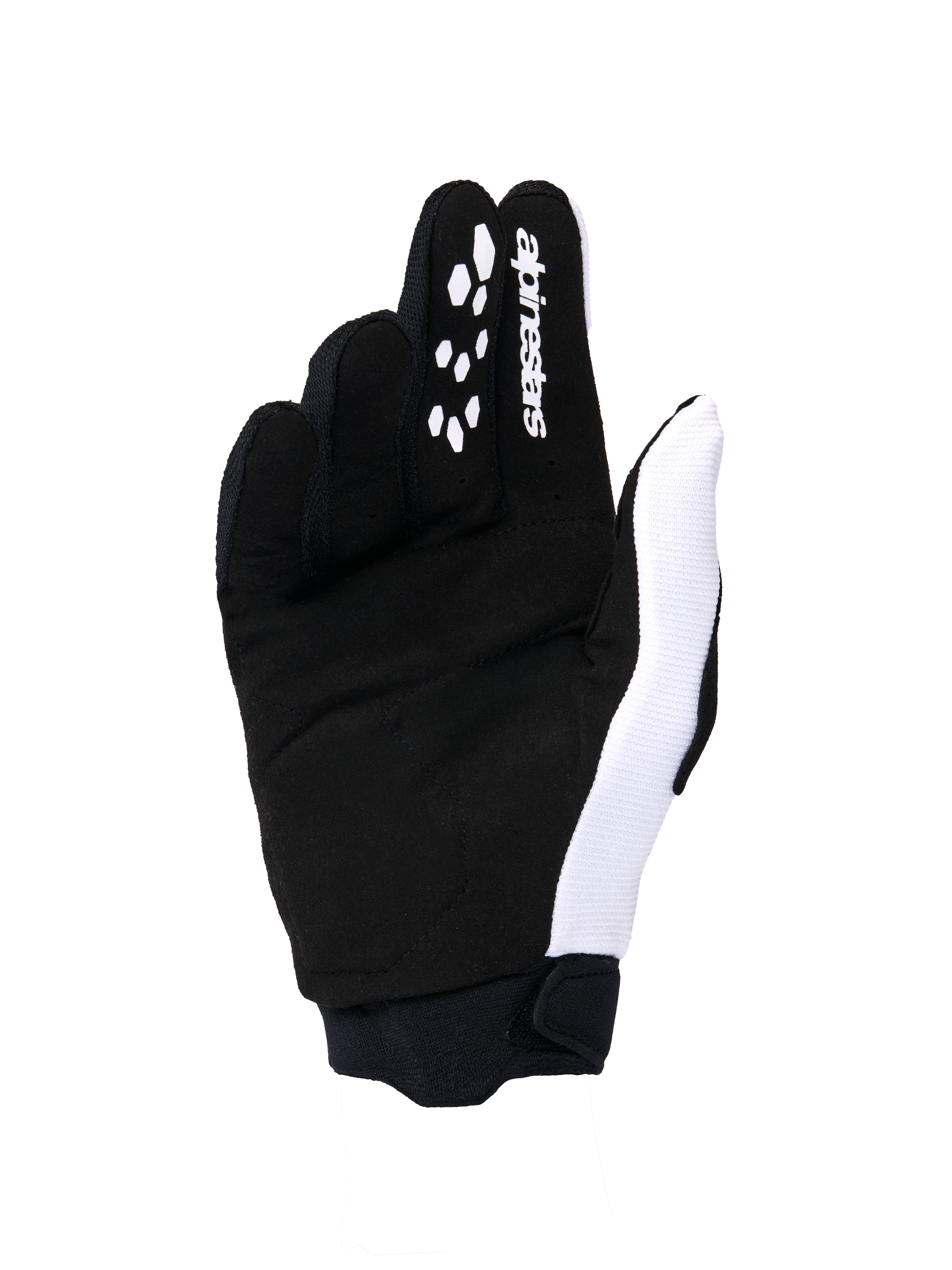 Alpinestars 2026 Woman Stella Full Bore V2 Gloves, Motocross Gloves, White and Black palm view, featuring synthetic suede construction, silicone grip patterns on fingers for lever control, white logo branding, and a secure neoprene cuff.
