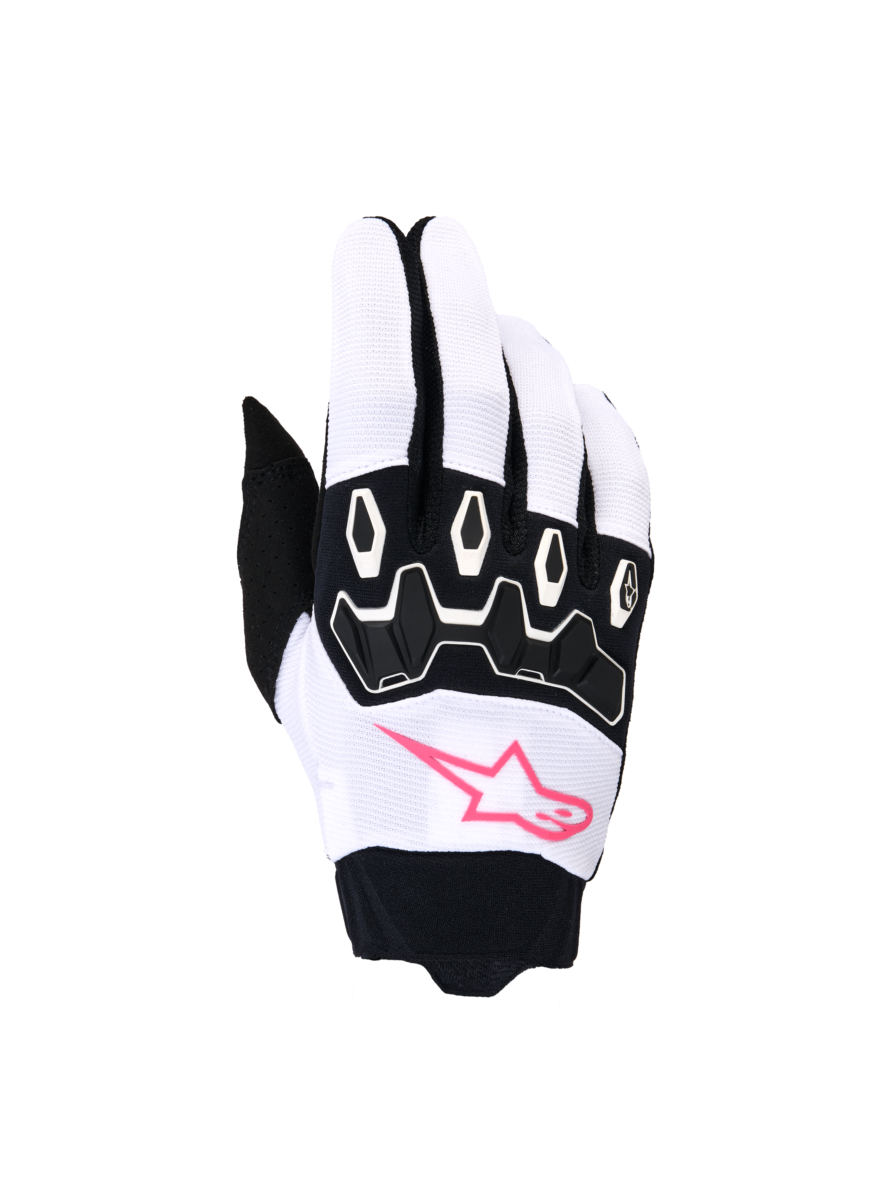 Luvas Alpinestars Stella Full Bore V2, luvas de motocross para mulher, brancas e pretas com rosa fluo, logótipo de estrela rosa, proteção das articulações em TPR preto, tecido elástico respirável para condução off-road