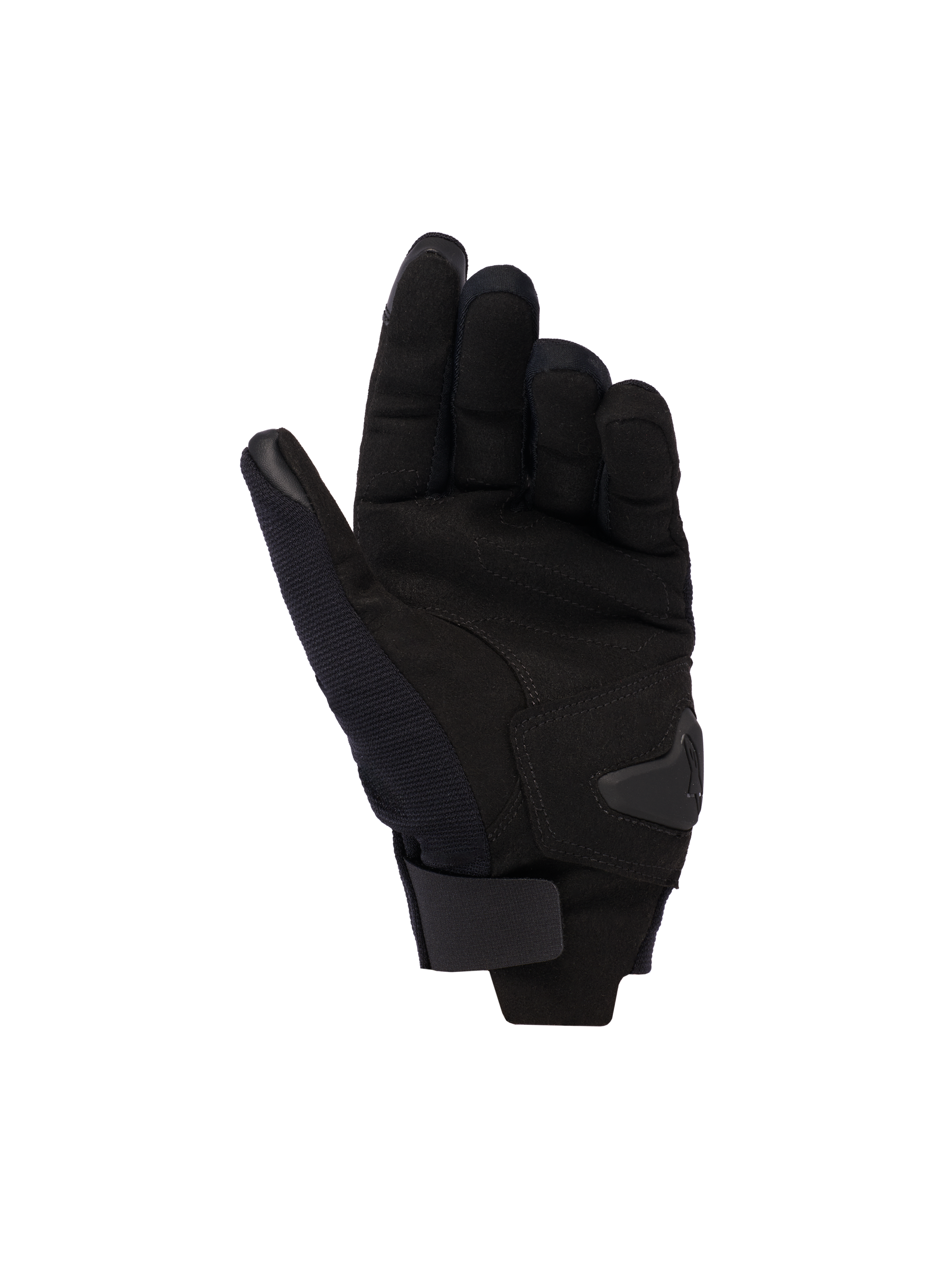 Luvas Alpinestars Reef Femininas V2, Pretas, vista da palma mostrando o material em camurça sintética, reforço acolchoado e tira de pulso com fecho de gancho e laço, luvas de motociclismo urbanas de punho curto