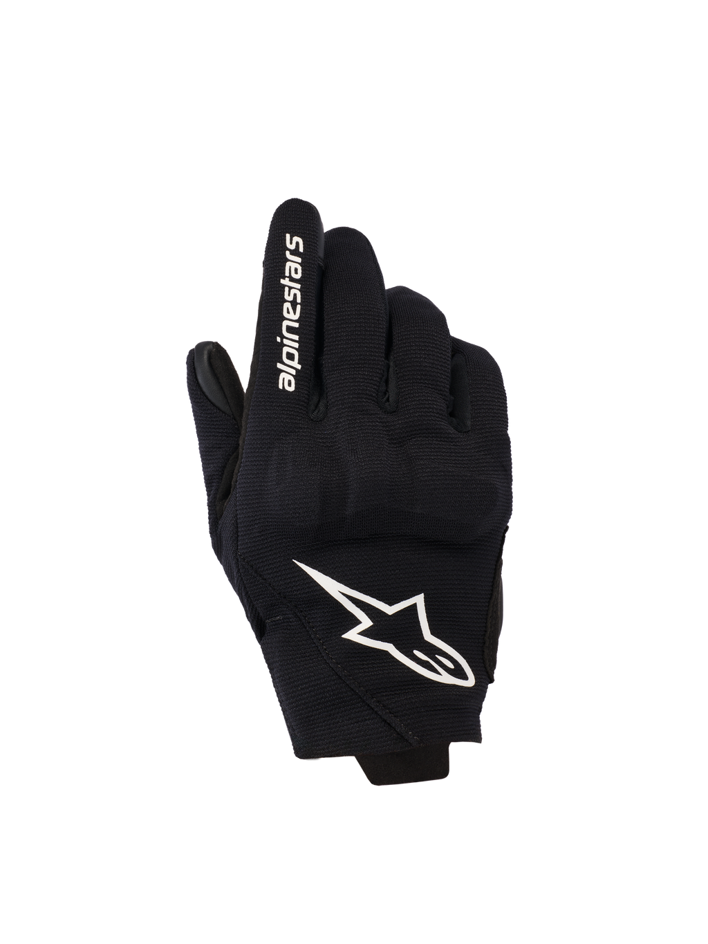 Alpinestars Reef Women's V2, luvas de motociclismo de punho curto para mulher, pretas e brancas, dorso em tecido com proteção de nós dos dedos em TPU 3D, logótipo de estrela branco e marca no dedo indicador
