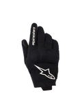 Alpinestars Reef Women's V2, luvas de motociclismo de punho curto para mulher, pretas e brancas, dorso em tecido com proteção de nós dos dedos em TPU 3D, logótipo de estrela branco e marca no dedo indicador