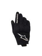 Alpinestars Reef Women's V2, luvas de motociclismo de punho curto para mulher, pretas e brancas, dorso em tecido com proteção de nós dos dedos em TPU 3D, logótipo de estrela branco e marca no dedo indicador
