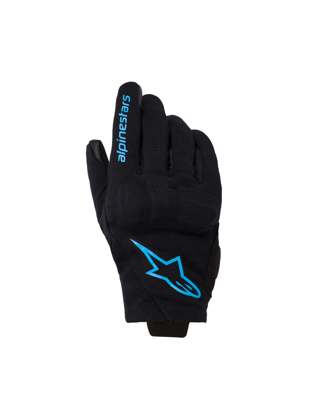 Luvas Alpinestars Reef Women's V2, luvas de motociclismo de punho curto, pretas com branding em azul brilhante Hawaiian Ocean, com o logótipo Alpinestars nas costas da mão e texto no dedo, estilo de condução urbana.
