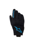 Luvas Alpinestars Reef Women's V2, luvas de motociclismo de punho curto, pretas com branding em azul brilhante Hawaiian Ocean, com o logótipo Alpinestars nas costas da mão e texto no dedo, estilo de condução urbana.