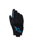 Luvas Alpinestars Reef Women's V2, luvas de motociclismo de punho curto, pretas com branding em azul brilhante Hawaiian Ocean, com o logótipo Alpinestars nas costas da mão e texto no dedo, estilo de condução urbana.
