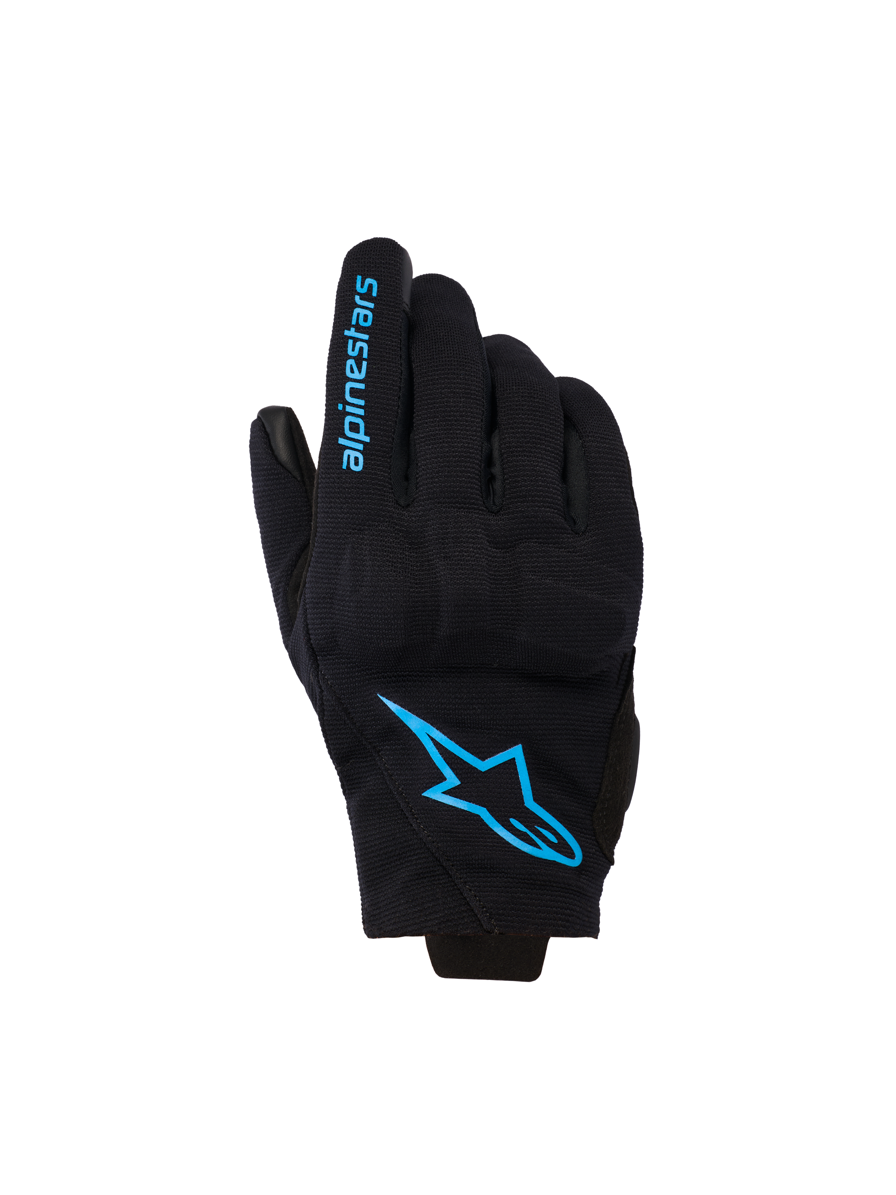 Luvas Alpinestars Reef Women's V2, luvas de motociclismo de punho curto, pretas com branding em azul brilhante Hawaiian Ocean, com o logótipo Alpinestars nas costas da mão e texto no dedo, estilo de condução urbana.