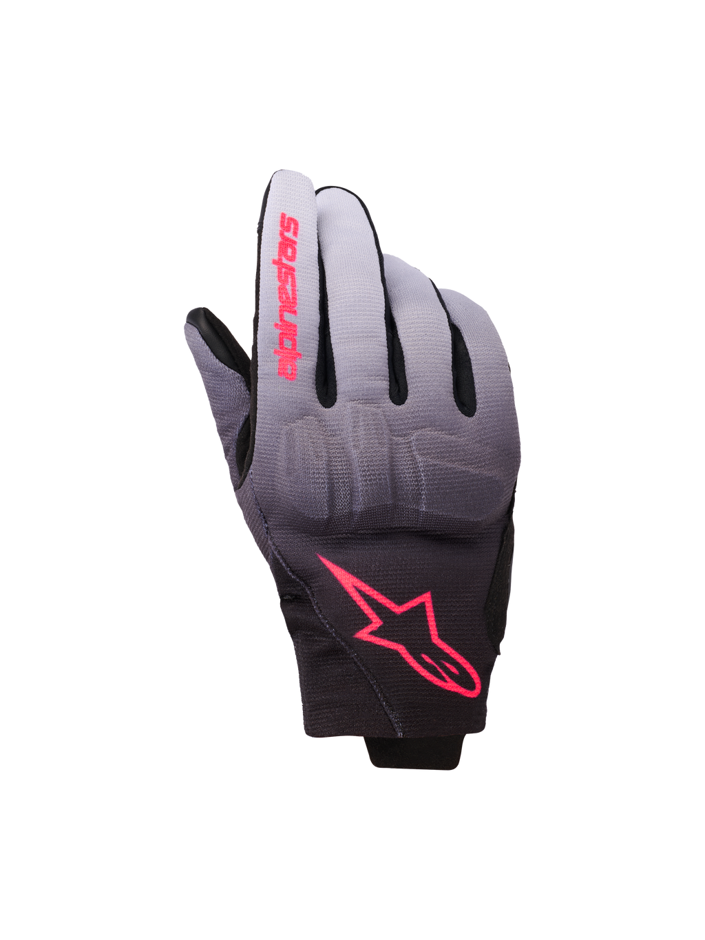 Luvas Alpinestars Reef Women's V2, luvas de motociclismo, cinzentas, pretas e rosa fluo, têxtil com gradiente de cinzento para preto e pormenores do logótipo em rosa, proteção integrada nos nós dos dedos e design de punho curto, equipamento de condução urbana contemporâneo para mulher