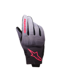 Luvas Alpinestars Reef Women's V2, luvas de motociclismo, cinzentas, pretas e rosa fluo, têxtil com gradiente de cinzento para preto e pormenores do logótipo em rosa, proteção integrada nos nós dos dedos e design de punho curto, equipamento de condução urbana contemporâneo para mulher