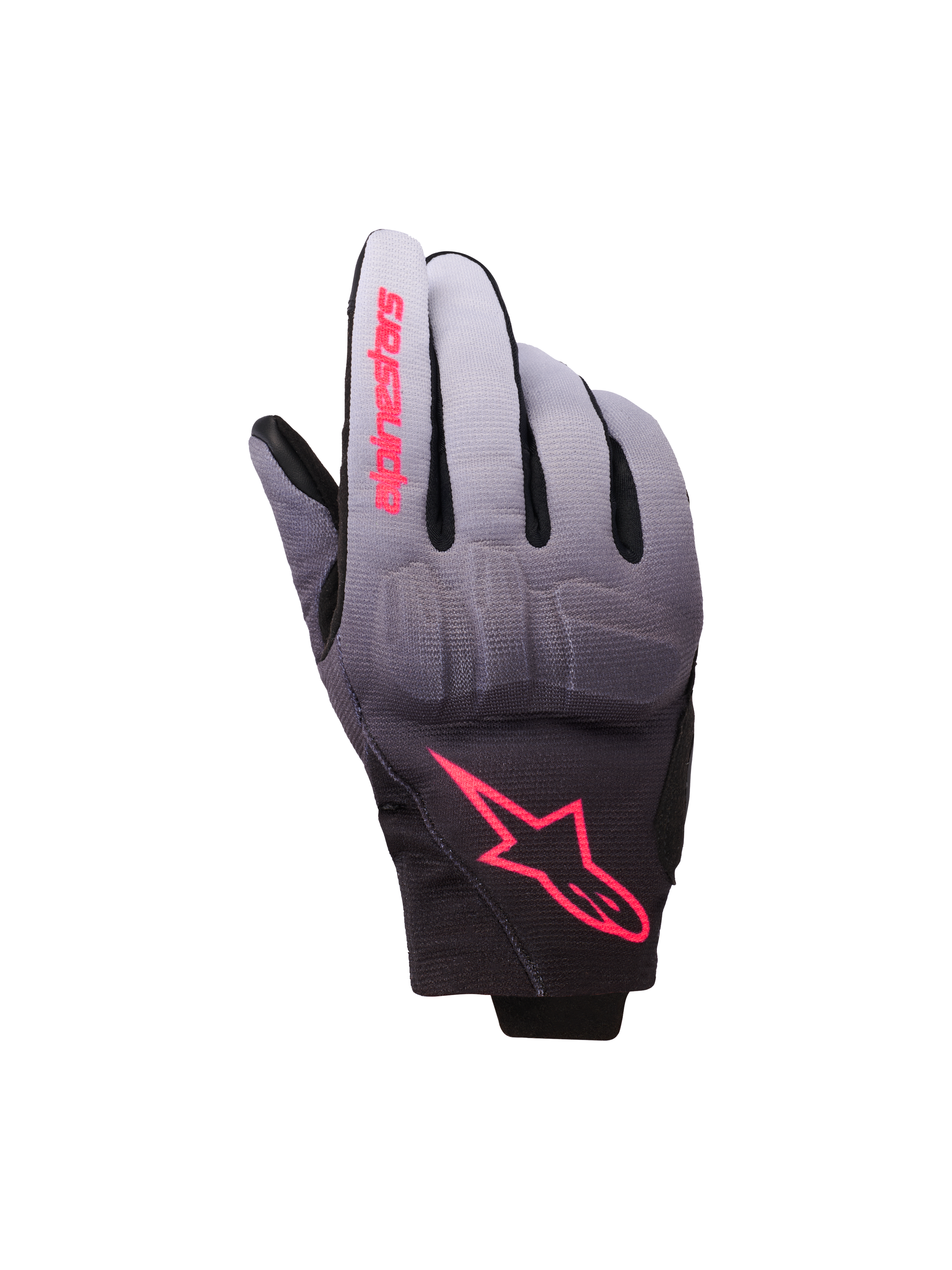 Luvas Alpinestars Reef Women's V2, luvas de motociclismo, cinzentas, pretas e rosa fluo, têxtil com gradiente de cinzento para preto e pormenores do logótipo em rosa, proteção integrada nos nós dos dedos e design de punho curto, equipamento de condução urbana contemporâneo para mulher