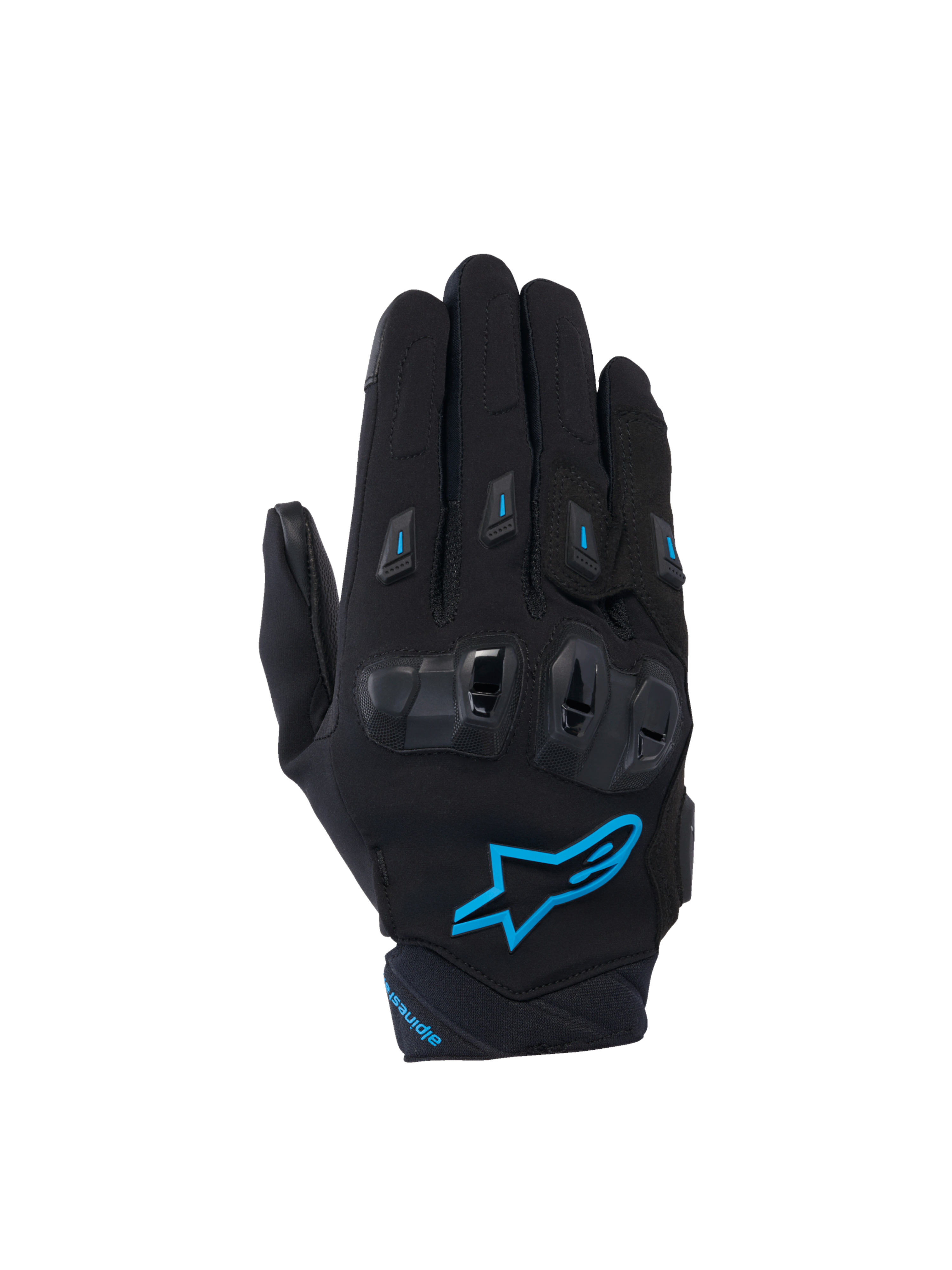 Luvas Stella SP X 3 da Alpinestars para mulher, pretas e azuis, com proteção TPU e malha 3D respirável para moto.