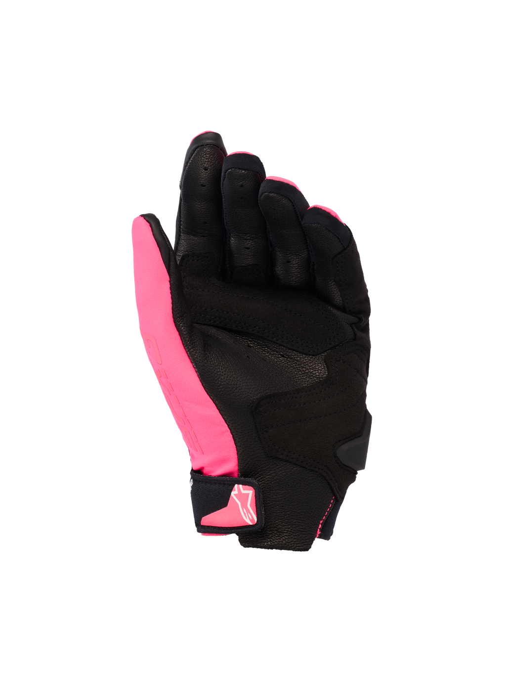 Luvas Alpinestars Stella SP X 3, luvas de motociclismo femininas, cor Rosa Diva, preto e branco, vista da palma mostrando couro perfurado e sobreposições sintéticas, palma preta com polegar rosa, fecho de pulso em velcro com logótipo rosa, design desportivo ergonómico