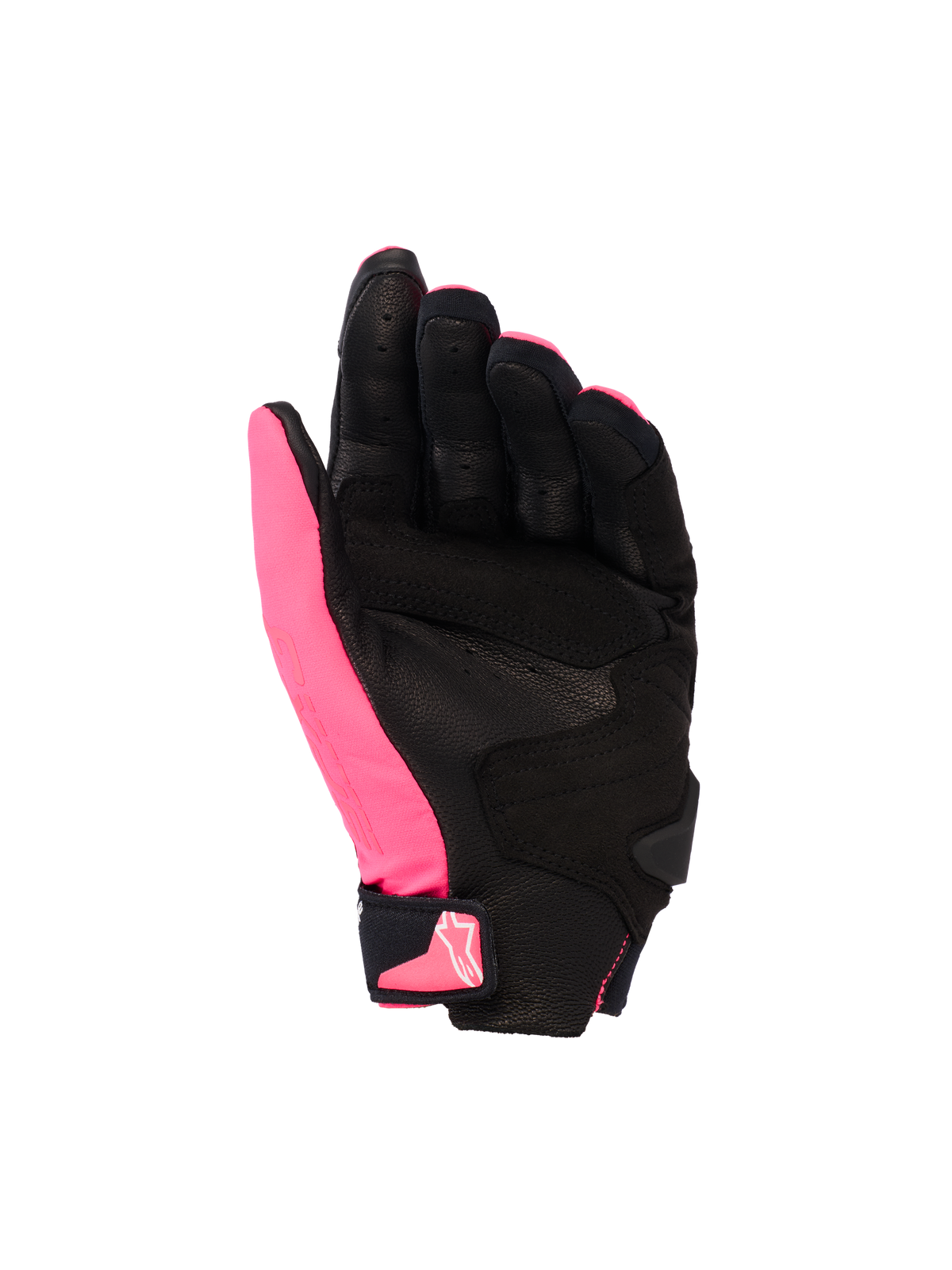 Luvas Alpinestars Stella SP X 3, luvas de motociclismo femininas, cor Rosa Diva, preto e branco, vista da palma mostrando couro perfurado e sobreposições sintéticas, palma preta com polegar rosa, fecho de pulso em velcro com logótipo rosa, design desportivo ergonómico