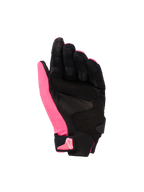 Luvas Alpinestars Stella SP X 3, luvas de motociclismo femininas, cor Rosa Diva, preto e branco, vista da palma mostrando couro perfurado e sobreposições sintéticas, palma preta com polegar rosa, fecho de pulso em velcro com logótipo rosa, design desportivo ergonómico