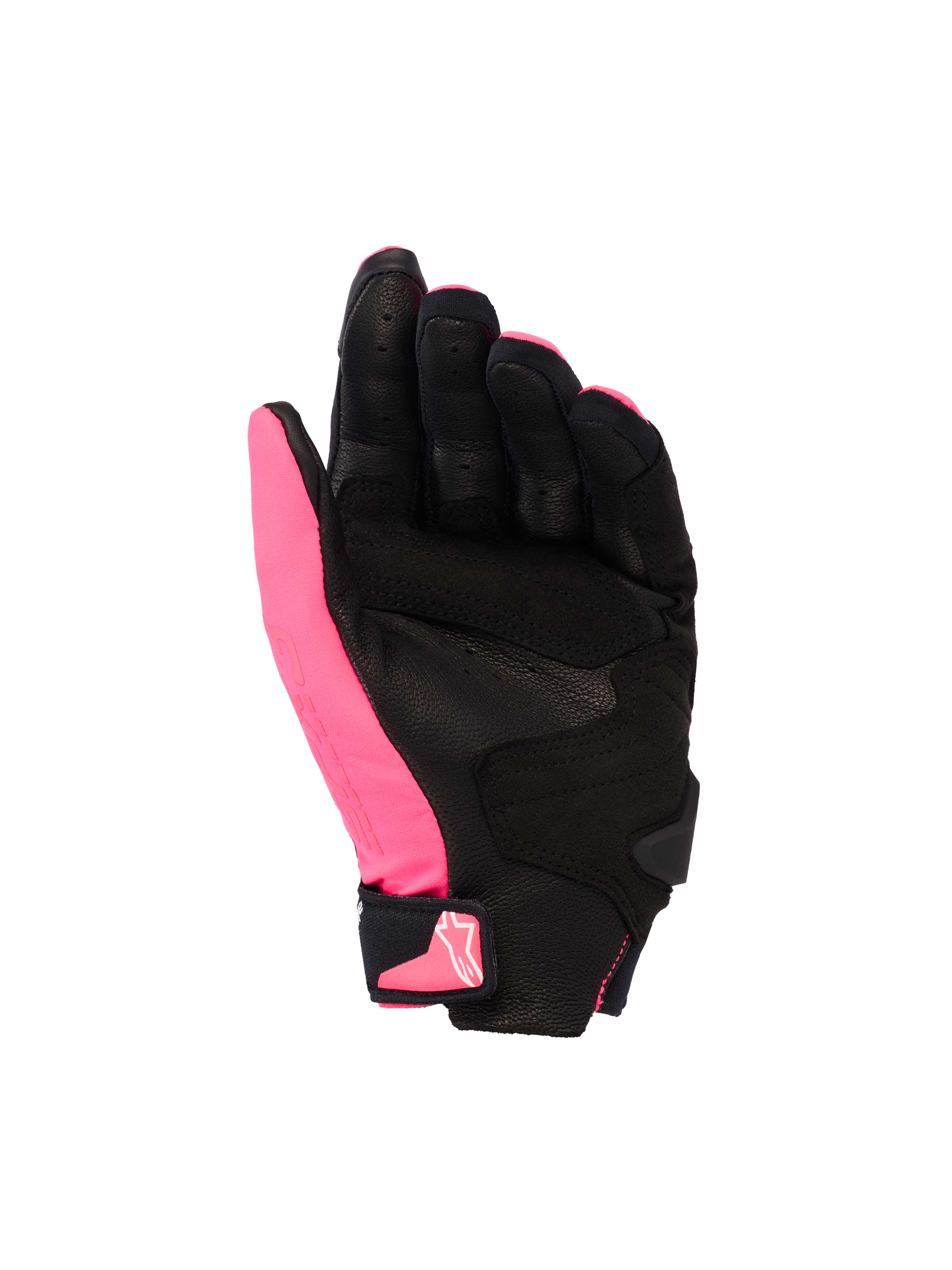 Luvas Alpinestars Stella SP X 3, luvas de motociclismo femininas, cor Rosa Diva, preto e branco, vista da palma mostrando couro perfurado e sobreposições sintéticas, palma preta com polegar rosa, fecho de pulso em velcro com logótipo rosa, design desportivo ergonómico