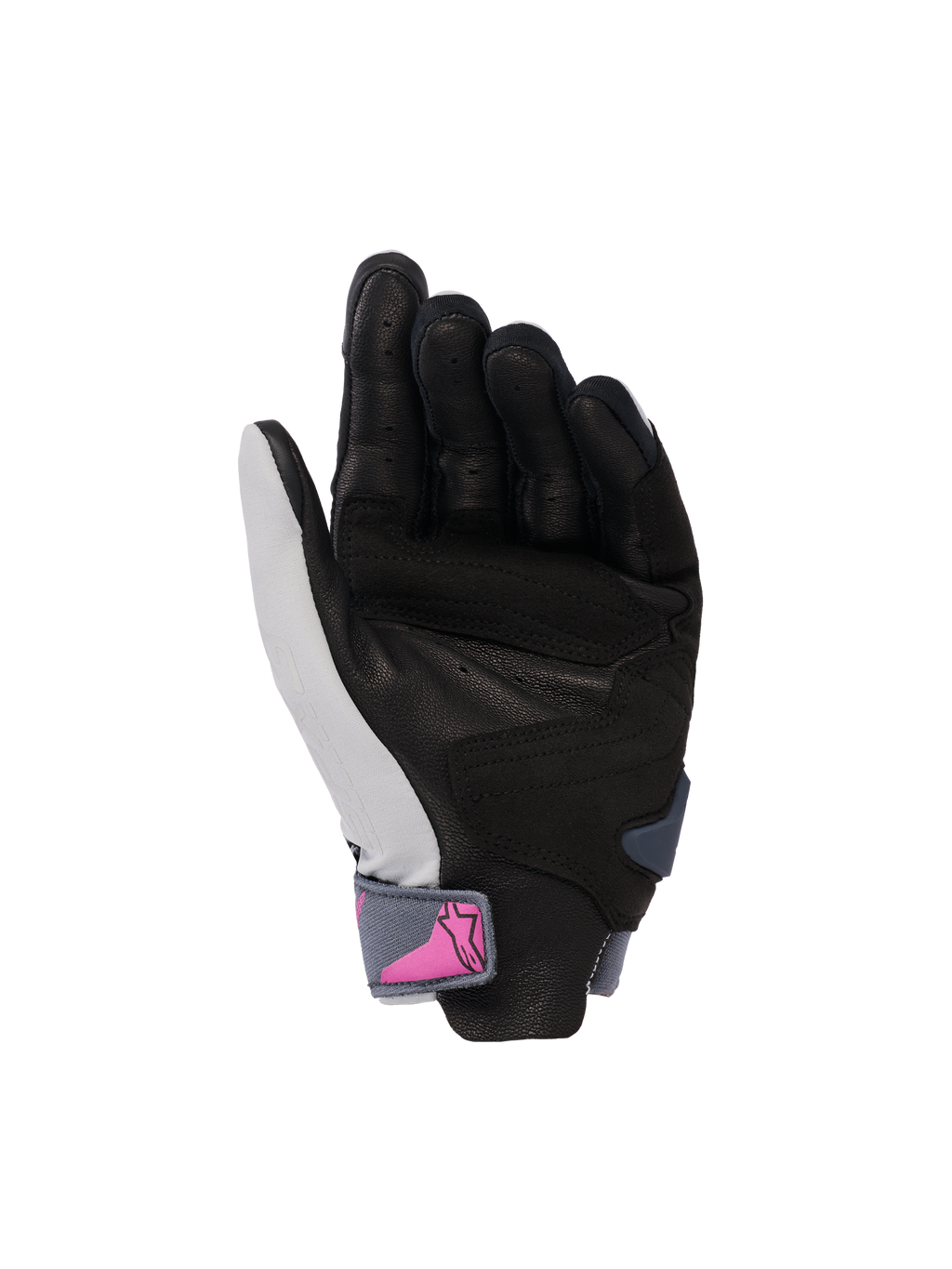 Luvas Alpinestars Stella SP X 3, luvas de motociclismo para mulher, vista da palma, cinza médio, asfalto e preto com logótipo cor-de-rosa na tira do pulso, palma em couro perfurado para aderência e ventilação, design desportivo para condução em estrada