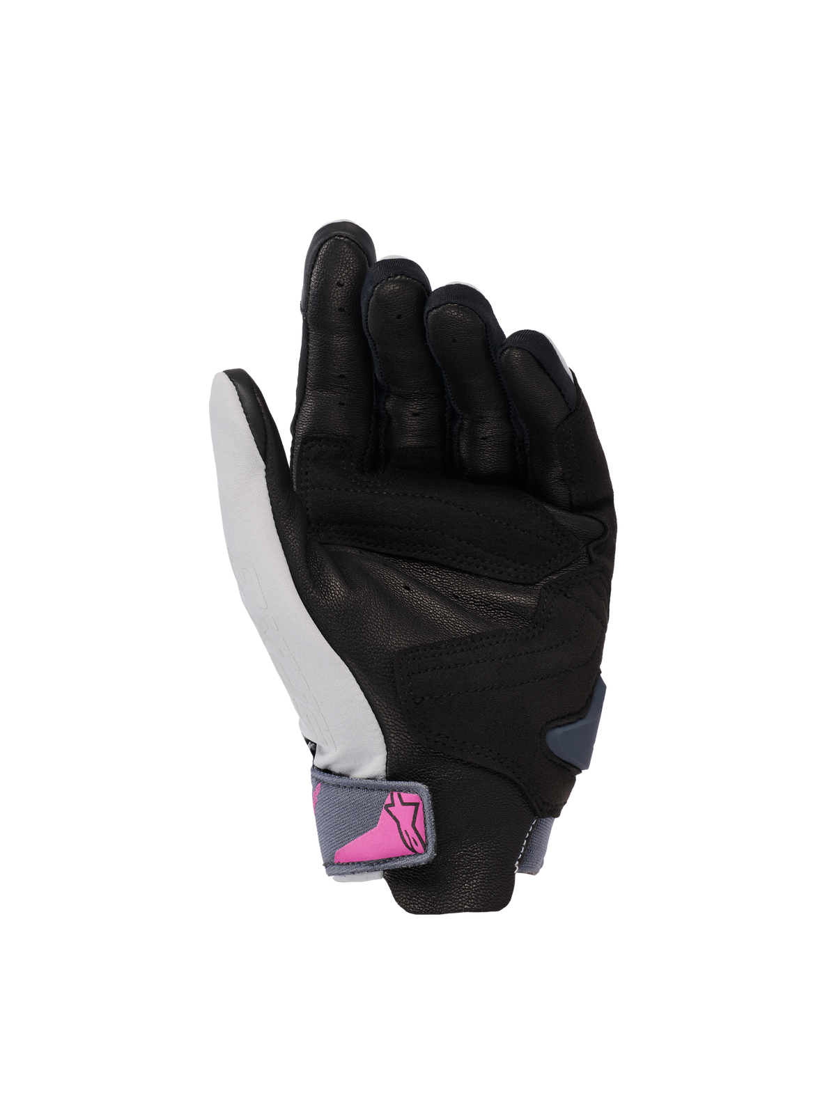 Luvas Alpinestars Stella SP X 3, luvas de motociclismo para mulher, vista da palma, cinza médio, asfalto e preto com logótipo cor-de-rosa na tira do pulso, palma em couro perfurado para aderência e ventilação, design desportivo para condução em estrada