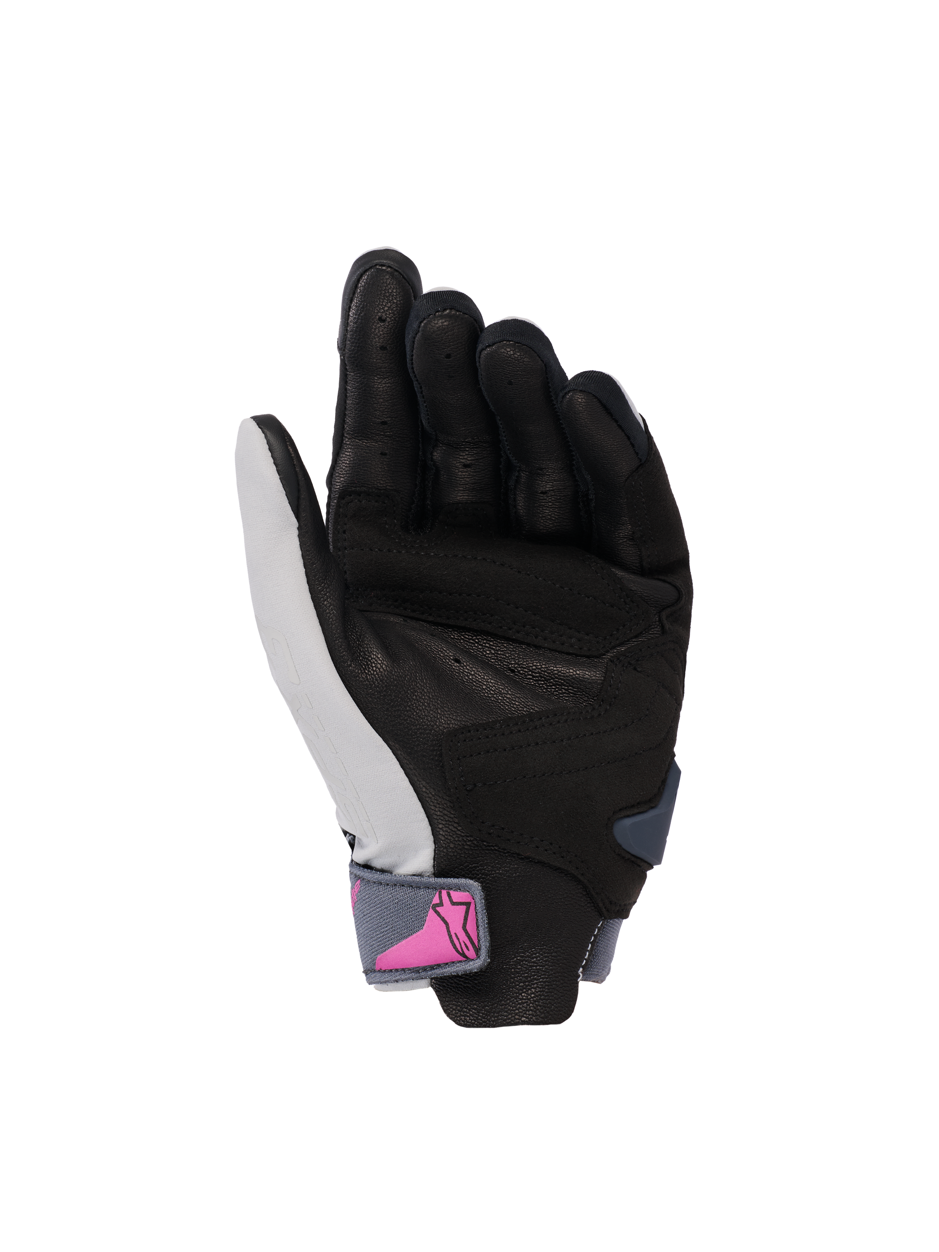Luvas Alpinestars Stella SP X 3, luvas de motociclismo para mulher, vista da palma, cinza médio, asfalto e preto com logótipo cor-de-rosa na tira do pulso, palma em couro perfurado para aderência e ventilação, design desportivo para condução em estrada