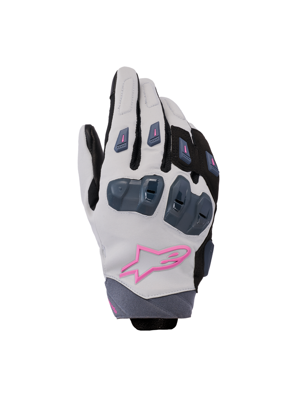 Alpinestars Stella SP X 3, luvas de motociclismo para mulher, cinzento médio, preto e rosa, com proteção rígida nas articulações e logótipo de estrela rosa, design desportivo elegante
