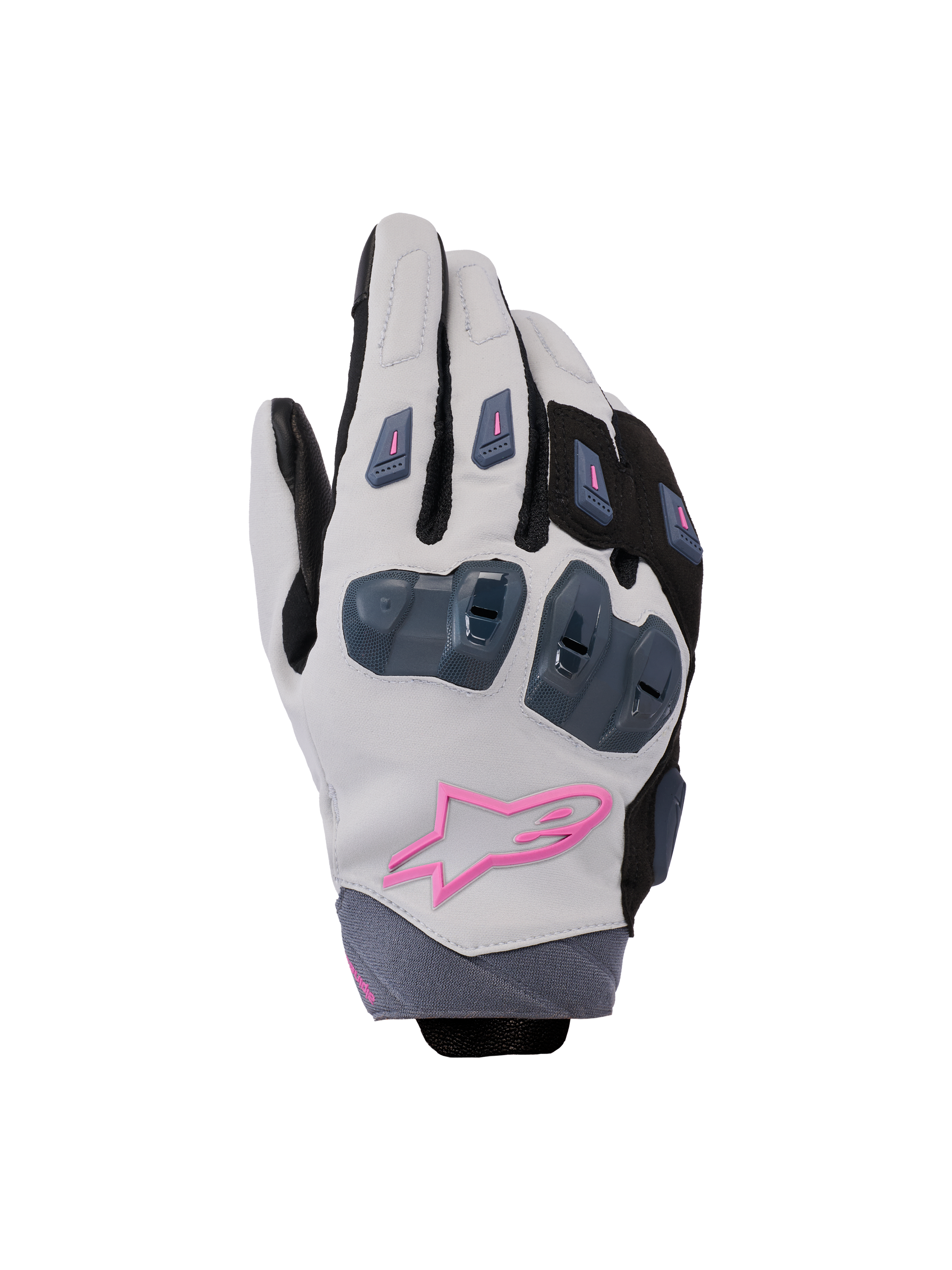 Alpinestars Stella SP X 3, luvas de motociclismo para mulher, cinzento médio, preto e rosa, com proteção rígida nas articulações e logótipo de estrela rosa, design desportivo elegante