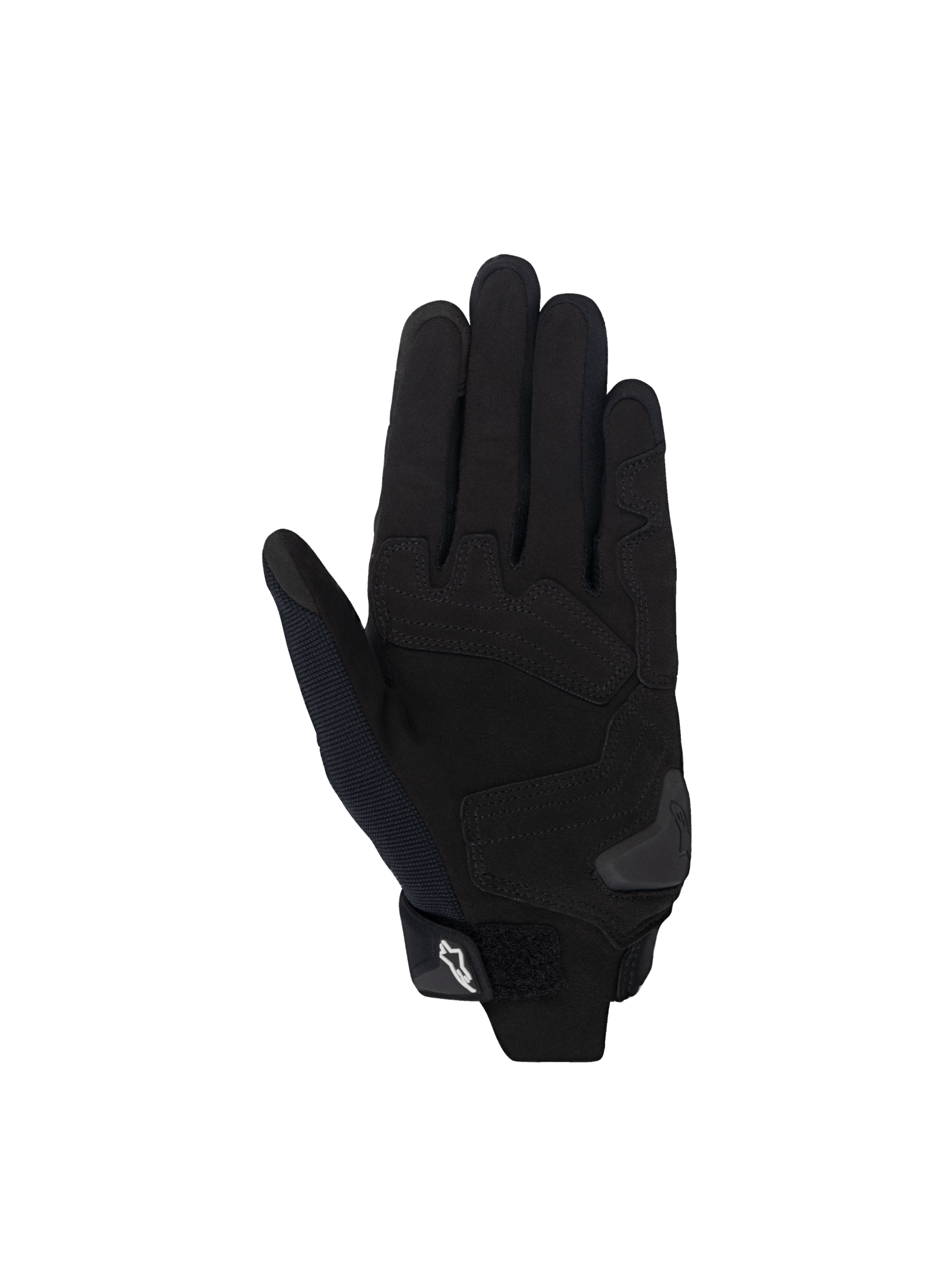 Alpinestars Stella SP X 1, luvas de moto para mulher, pretas, vista da palma em couro sintético com reforços de proteção e fecho de velcro, certificadas CE