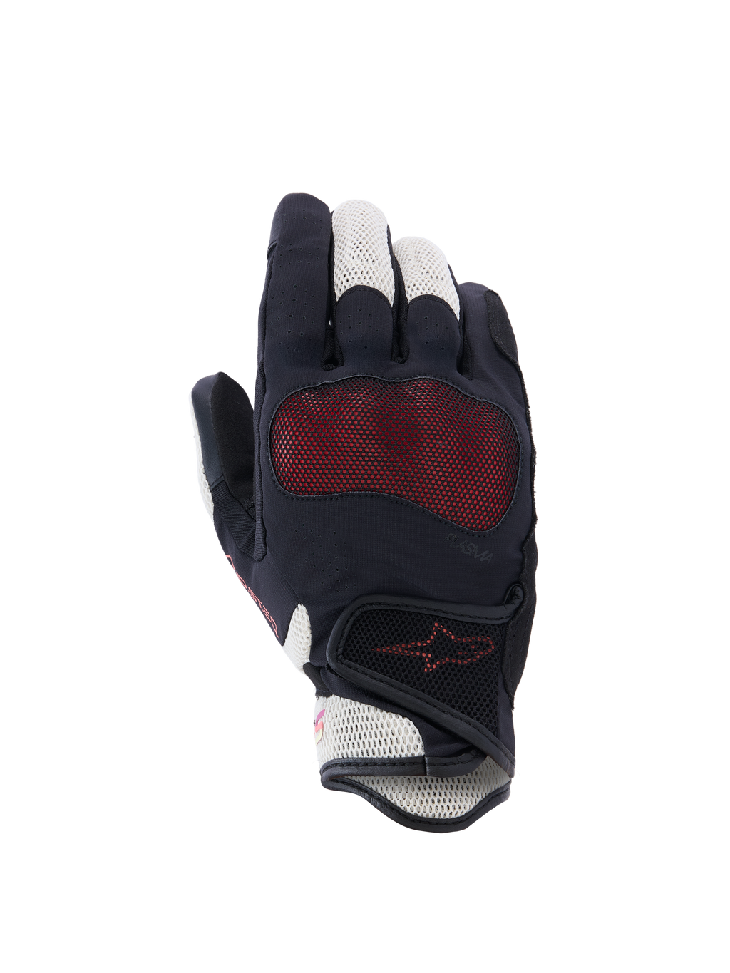 Alpinestars Stella Mogress Airflow Gloves, luvas de motociclismo para mulher, preto, ecru e coral, vista do dorso com inserções de malha 3D, proteção de nós dos dedos Nucleon Plasma e fecho de velcro no punho.