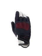 Alpinestars Stella Mogress Airflow Gloves, luvas de motociclismo para mulher, preto, ecru e coral, vista do dorso com inserções de malha 3D, proteção de nós dos dedos Nucleon Plasma e fecho de velcro no punho.