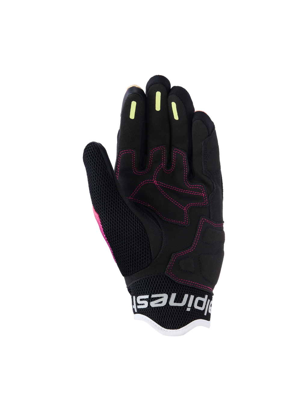 Alpinestars Woman Stella Mogress Airflow Gloves, Urban Motorcycle Gloves, Fading Coral Black, detailed palm view featuring pink stitching, yellow silicone grip stripes on fingers, and breathable mesh construction.